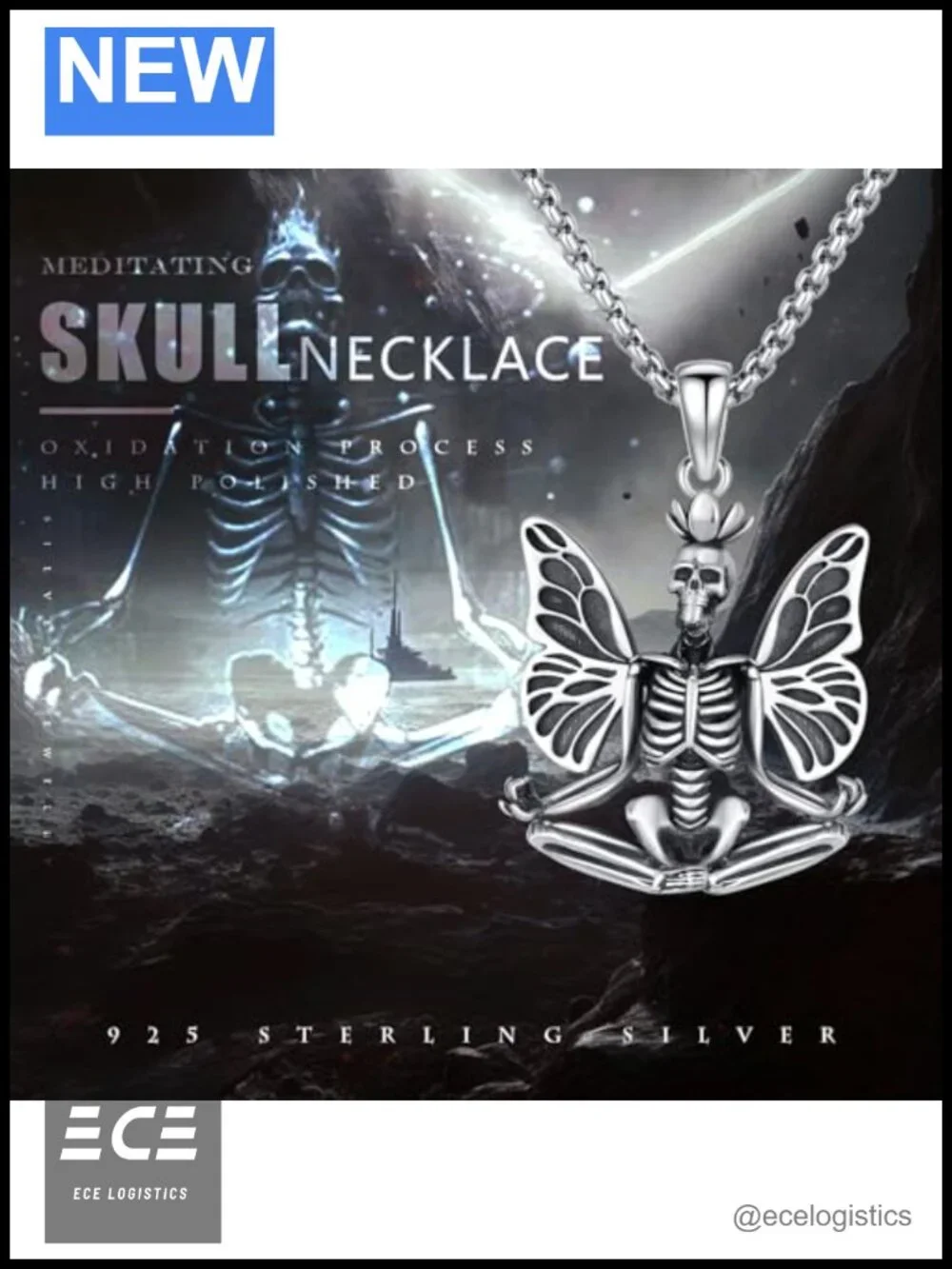 925 Sterling Silver Skull Necklace Gothic Yoga Meditation Pendant